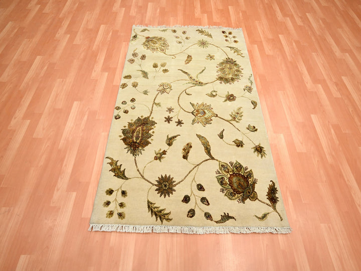 4'0" x 5'11" New Hand Knotted Ivory Wool & Silk Rectangle Oriental Rug - MOA10275631