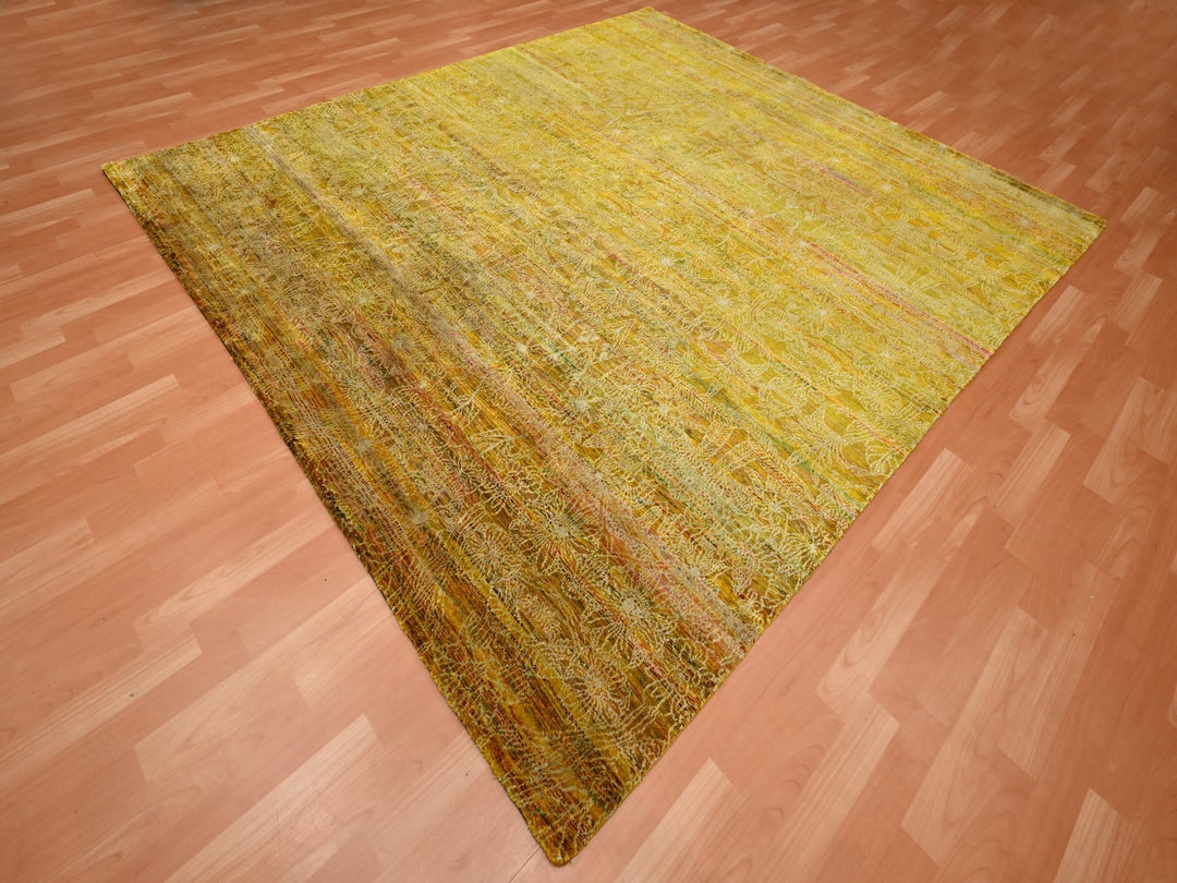 9'0" x 9'3" New Hand Knotted Brown Sari Silk Rectangle Oriental Rug - MOA10275642