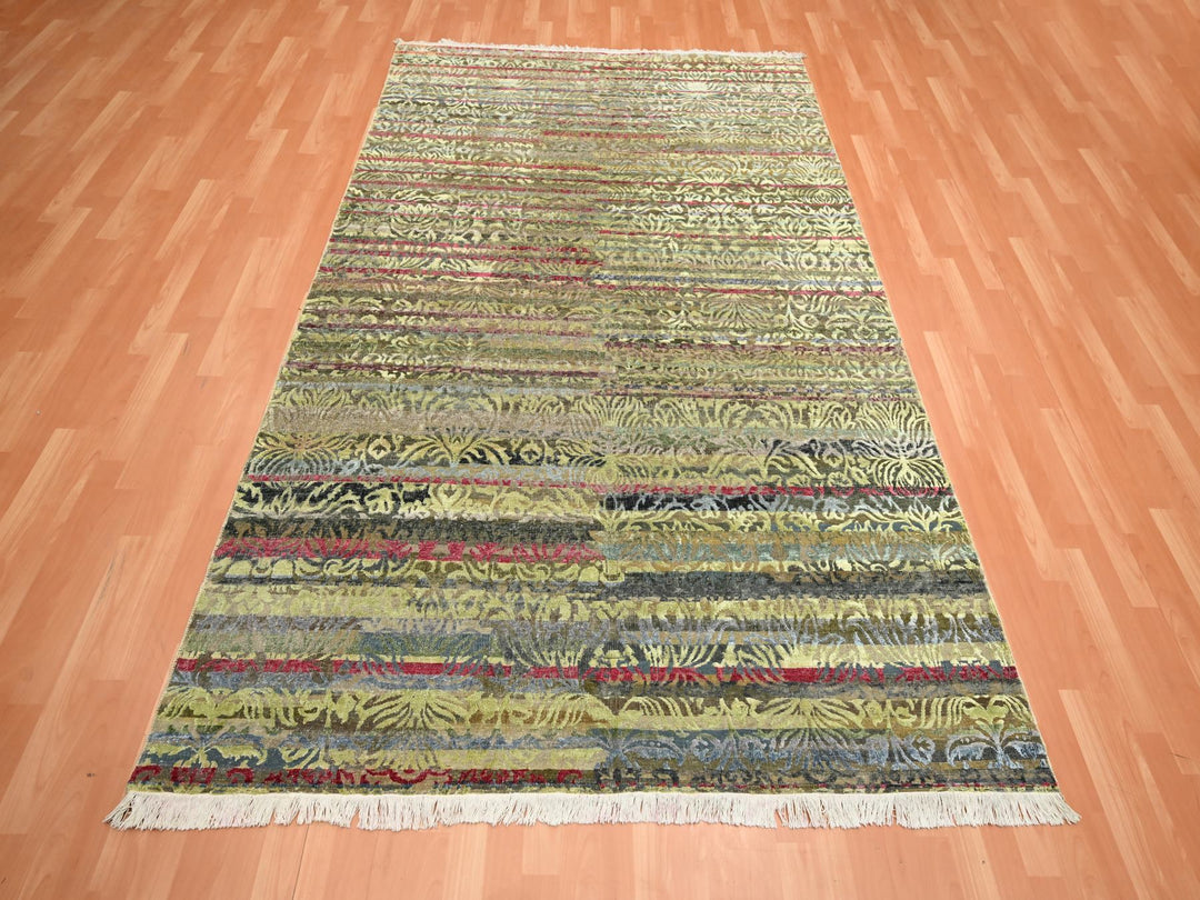 6'1" x 9'1" New Hand Knotted Green Wool & Silk Rectangle Oriental Rug - MOA10275644