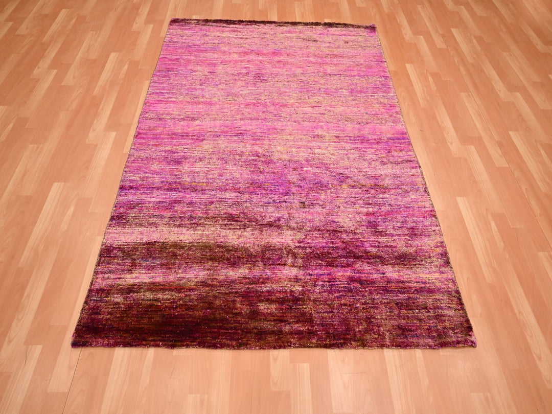 4'11" x 6'10" New Hand Knotted Pink Sari Silk Rectangle Oriental Rug - MOA10275645