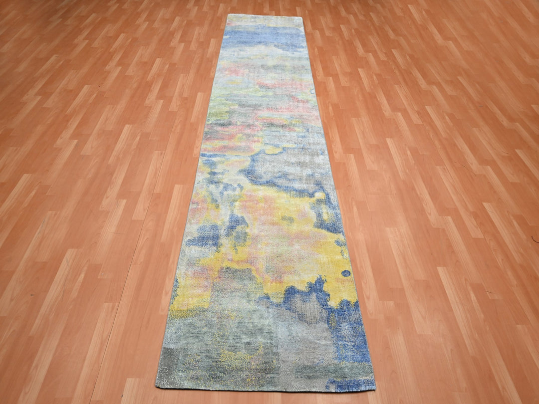 2'11" x 12'0" New Hand Knotted Grey Silk Runner Oriental Rug - MOA10275657