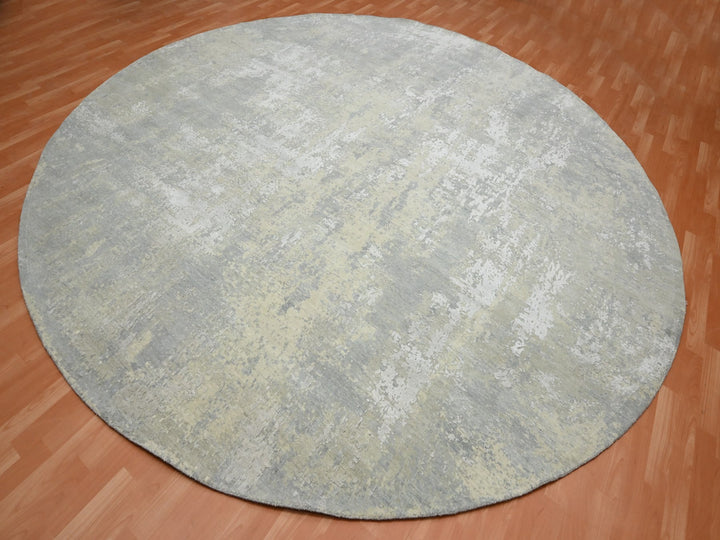11'10" x 11'10" New Hand Knotted Grey Wool & Silk Round Oriental Rug - MOA10275675