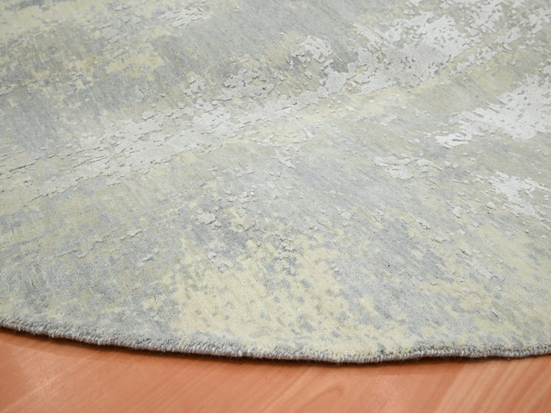 11'10" x 11'10" New Hand Knotted Grey Wool & Silk Round Oriental Rug - MOA10275675