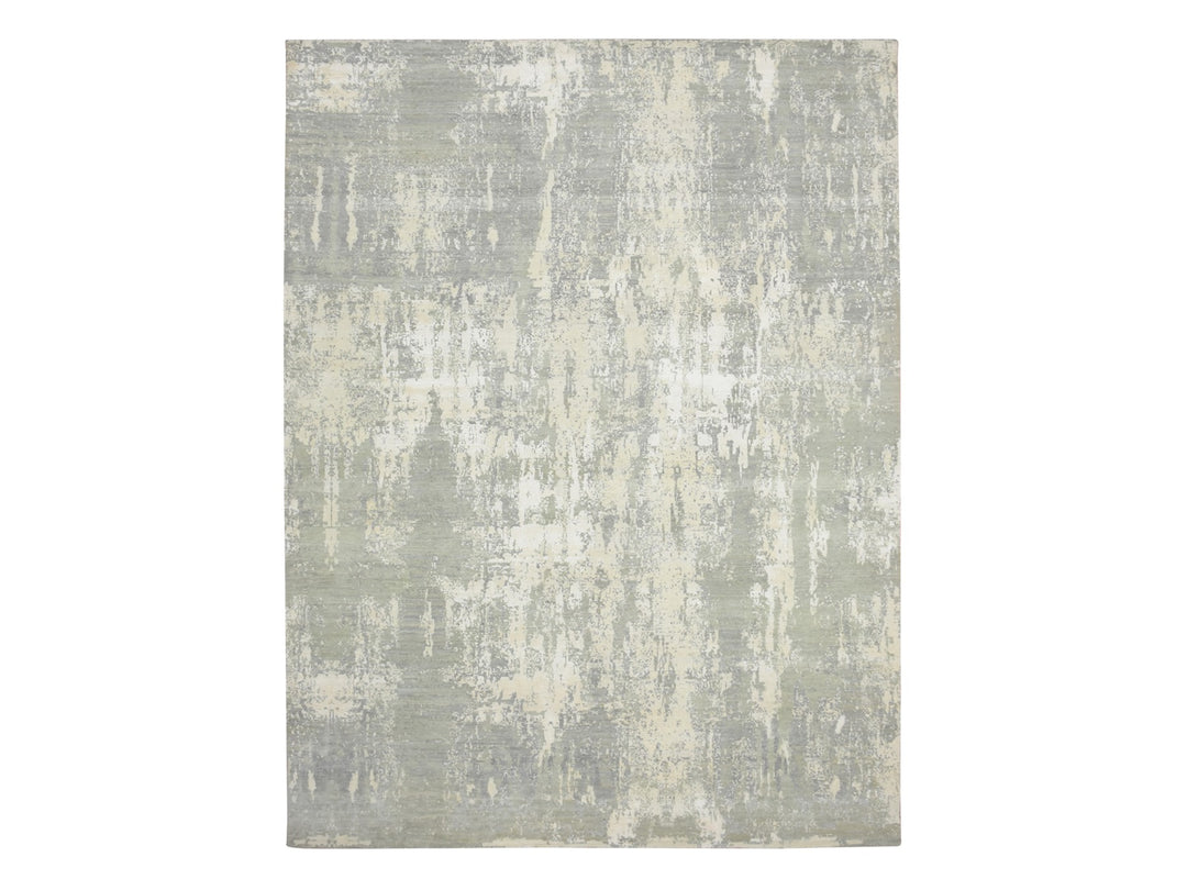 9'0" x 11'11" New Hand Knotted Grey Wool & Silk Rectangle Oriental Rug - MOA10275678