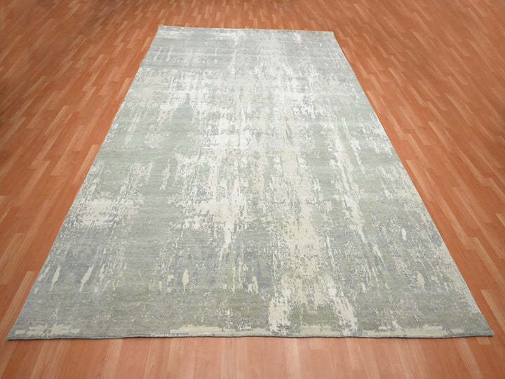 9'0" x 11'11" New Hand Knotted Grey Wool & Silk Rectangle Oriental Rug - MOA10275678
