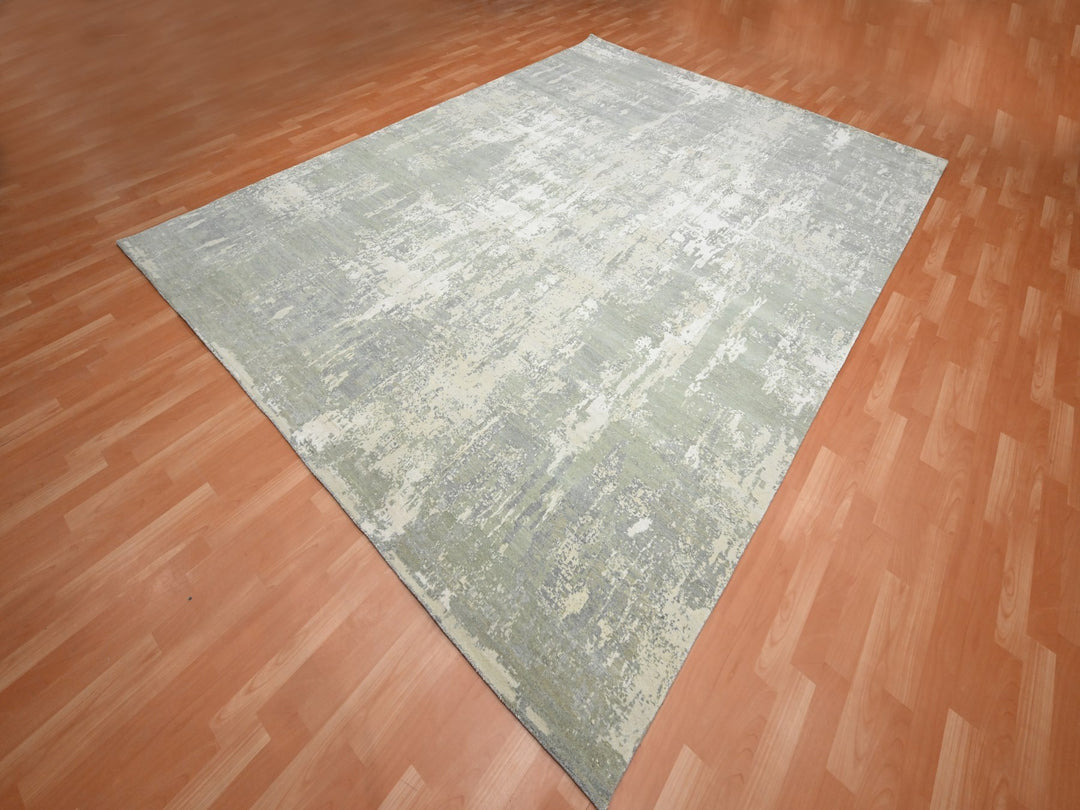 9'0" x 11'11" New Hand Knotted Grey Wool & Silk Rectangle Oriental Rug - MOA10275678