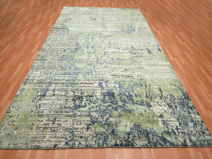 8'9" x 12'0" New Hand Knotted Green Wool & Silk Rectangle Oriental Rug - MOA10275679