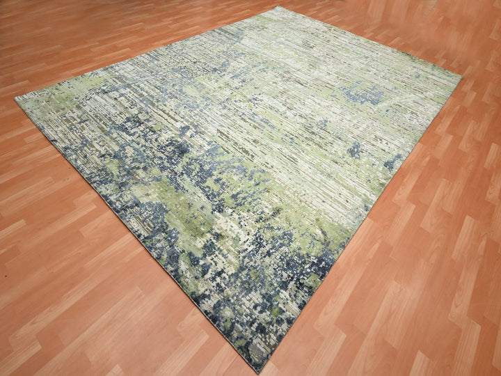 8'9" x 12'0" New Hand Knotted Green Wool & Silk Rectangle Oriental Rug - MOA10275679
