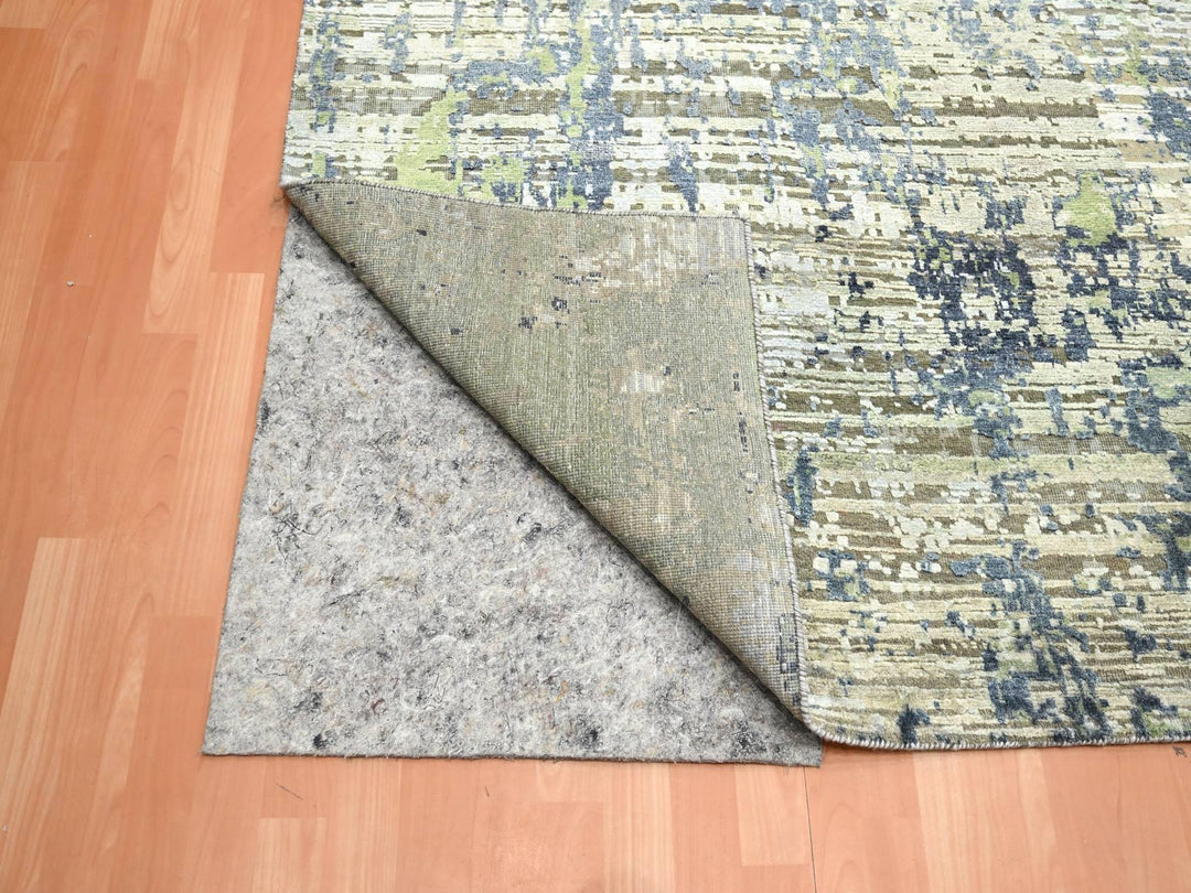 8'9" x 12'0" New Hand Knotted Green Wool & Silk Rectangle Oriental Rug - MOA10275679