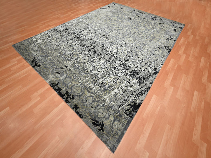 8'11" x 12'2" New Hand Knotted Black Wool & Silk Rectangle Oriental Rug - MOA10275680