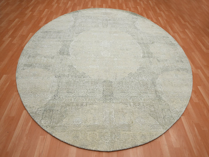 9'9" x 10'1" New Hand Knotted Ivory Wool & Silk Round Oriental Rug - MOA10275681
