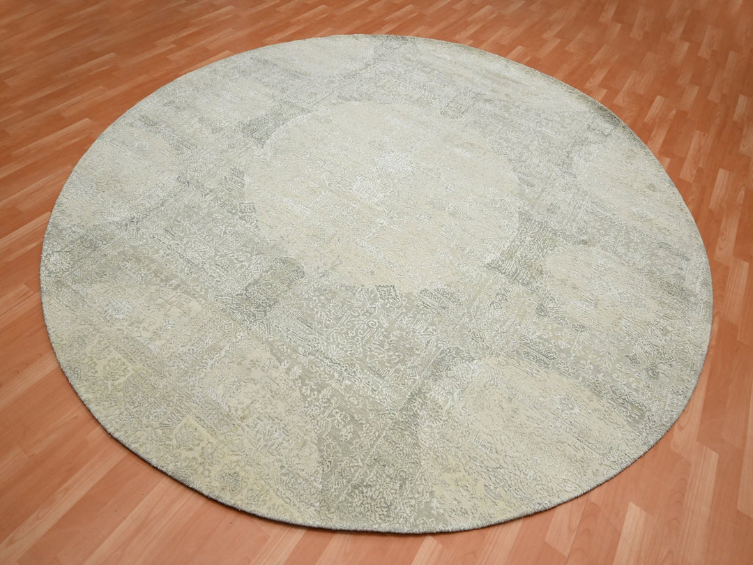 9'9" x 10'1" New Hand Knotted Ivory Wool & Silk Round Oriental Rug - MOA10275681