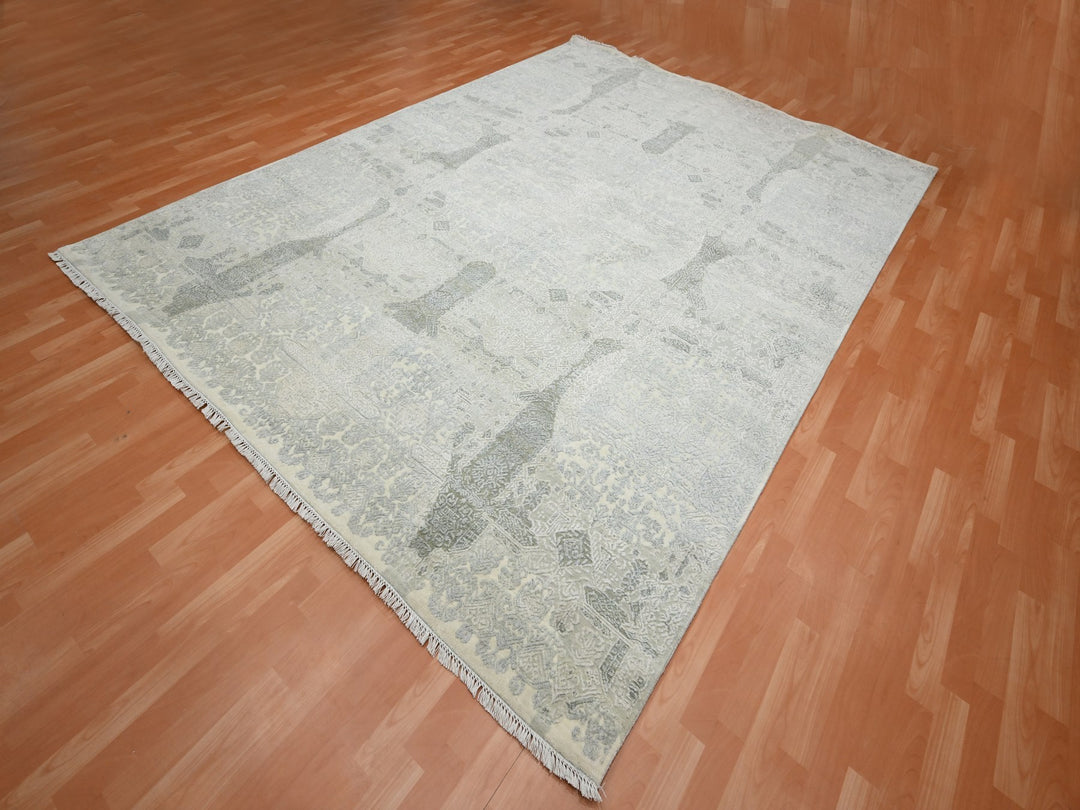 8'10" x 12'0" New Hand Knotted Ivory Wool & Silk Rectangle Oriental Rug - MOA10275682