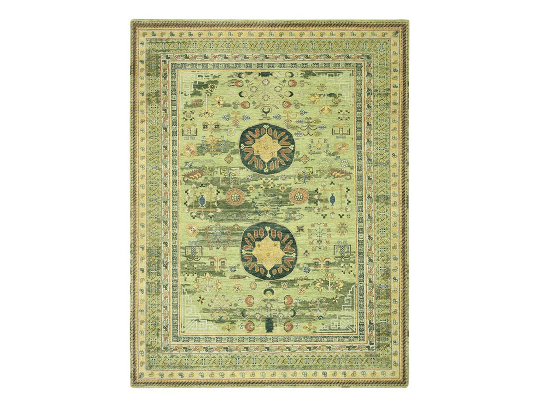 9'0" x 12'1" New Hand Knotted Green Wool Rectangle Oriental Rug - MOA10275684