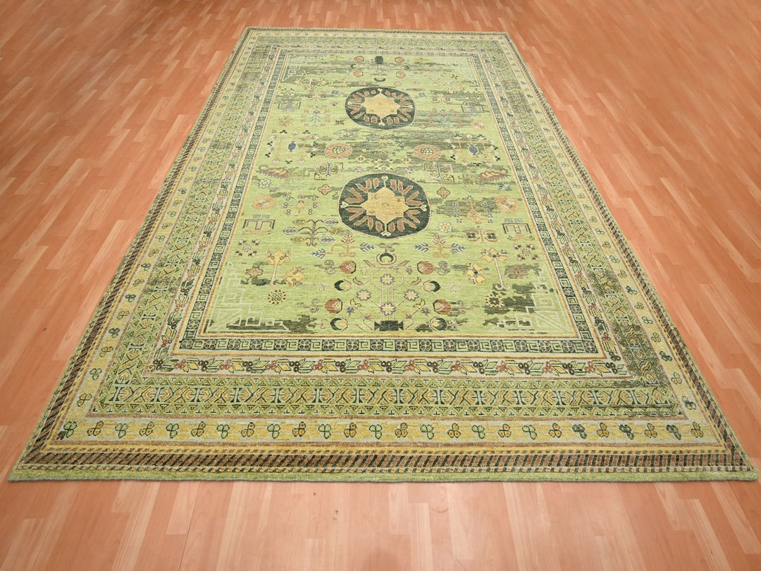 9'0" x 12'1" New Hand Knotted Green Wool Rectangle Oriental Rug - MOA10275684