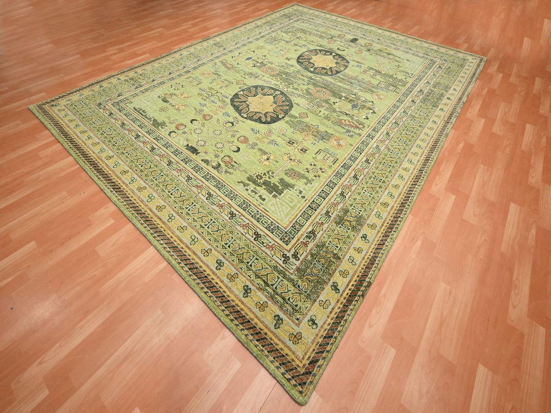 9'0" x 12'1" New Hand Knotted Green Wool Rectangle Oriental Rug - MOA10275684