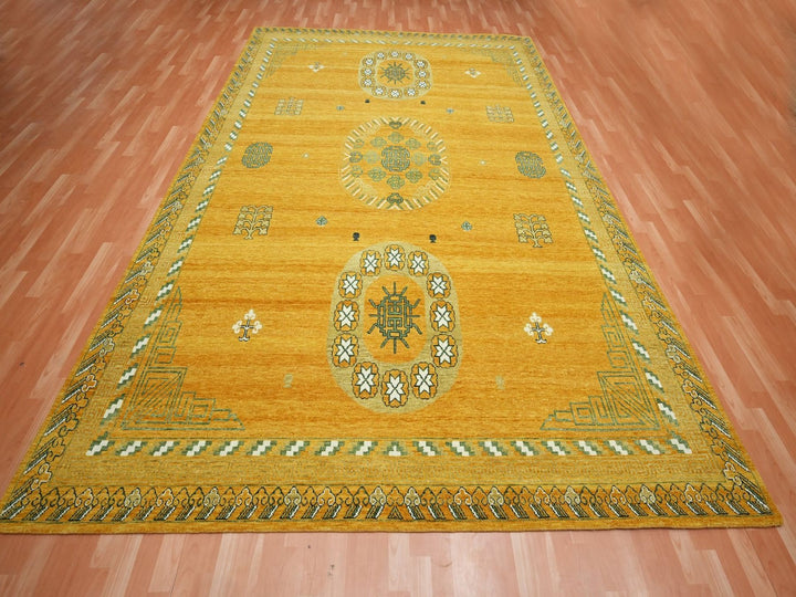 9'0" x 12'4" New Hand Knotted Yellow Wool Rectangle Oriental Rug - MOA10275685