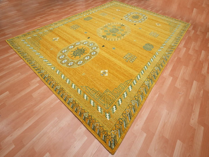 9'0" x 12'4" New Hand Knotted Yellow Wool Rectangle Oriental Rug - MOA10275685