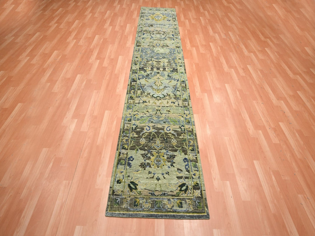 2'6" x 12'4" New Hand Knotted Green Wool Runner Oriental Rug - MOA10275687