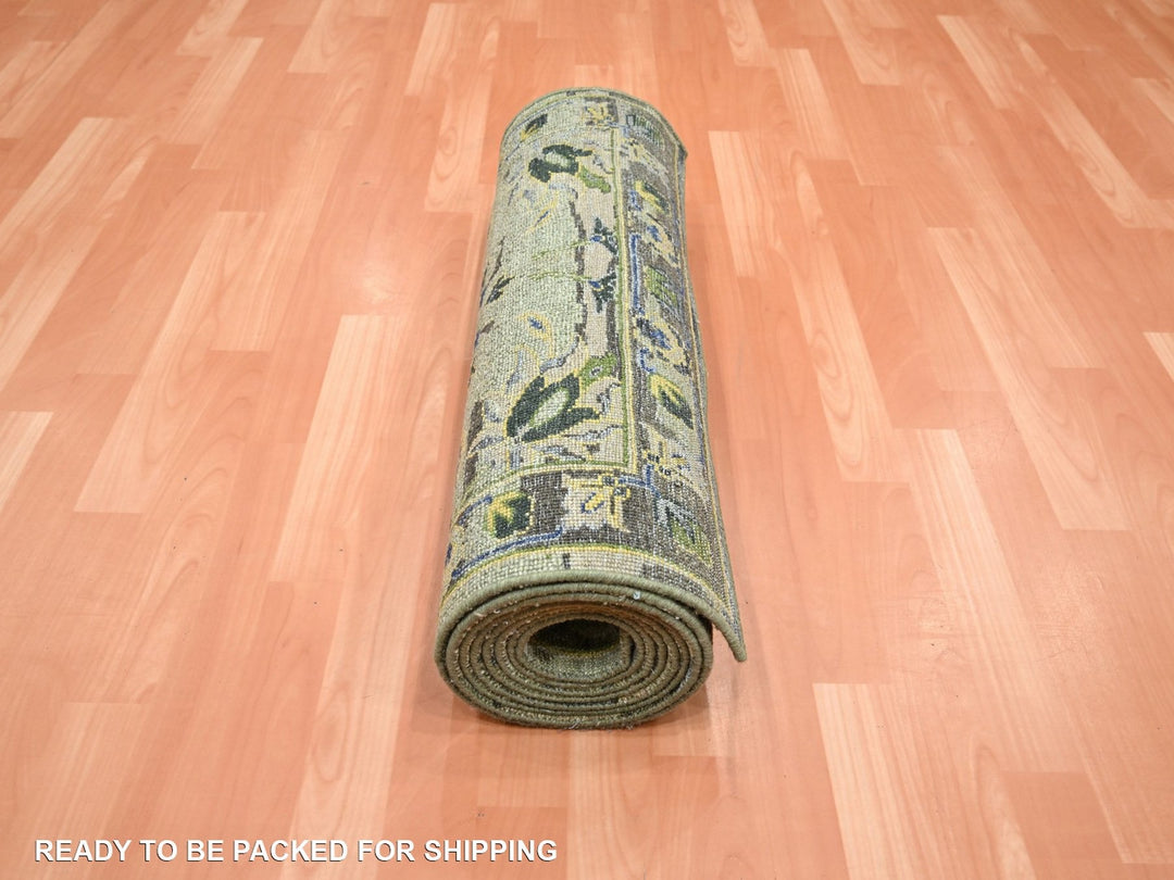 2'6" x 12'4" New Hand Knotted Green Wool Runner Oriental Rug - MOA10275687