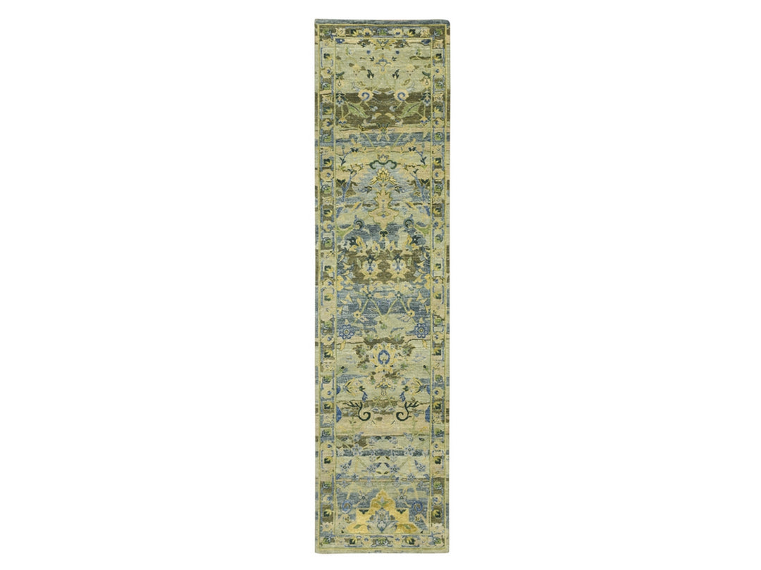 2'7" x 10'5" New Hand Knotted Green Wool Runner Oriental Rug - MOA10275688