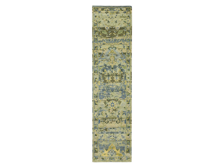 2'7" x 10'5" New Hand Knotted Green Wool Runner Oriental Rug - MOA10275688