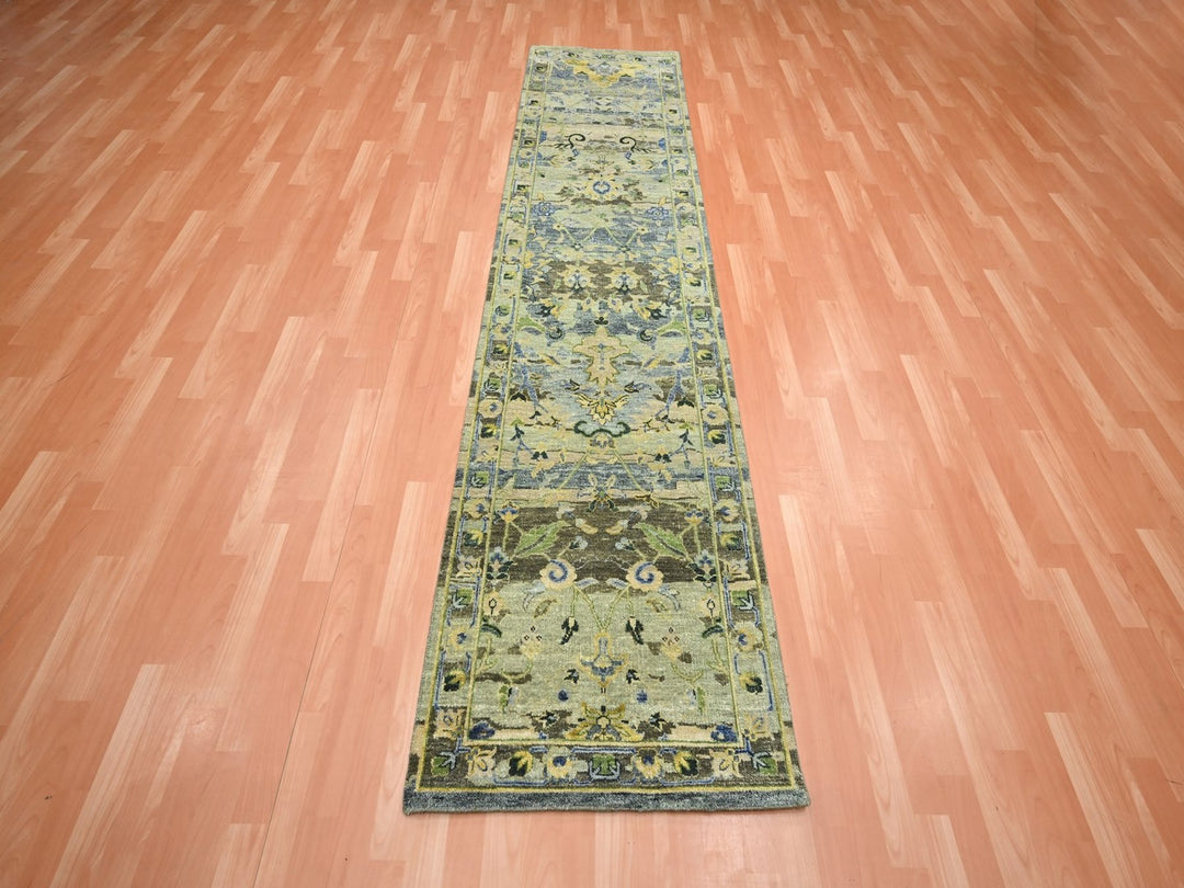 2'7" x 10'5" New Hand Knotted Green Wool Runner Oriental Rug - MOA10275688