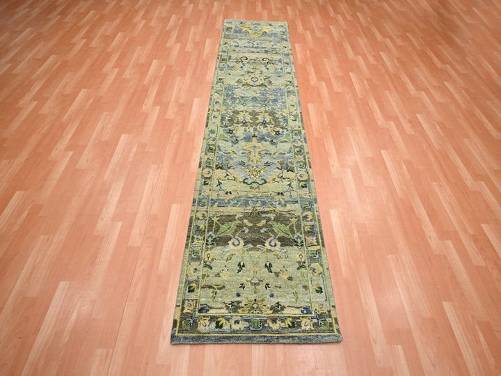 2'7" x 10'5" New Hand Knotted Green Wool Runner Oriental Rug - MOA10275688
