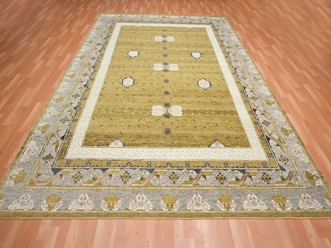 9'1" x 12'1" New Hand Knotted Yellow Wool Rectangle Oriental Rug - MOA10275692