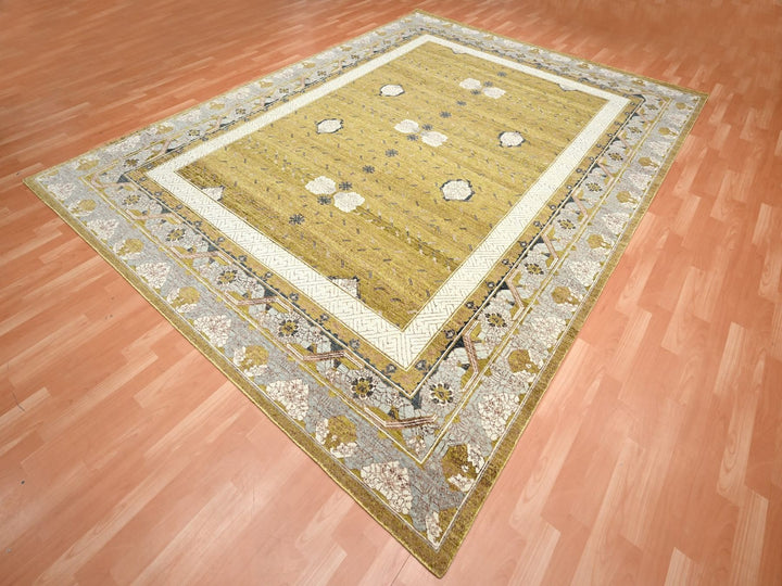 9'1" x 12'1" New Hand Knotted Yellow Wool Rectangle Oriental Rug - MOA10275692