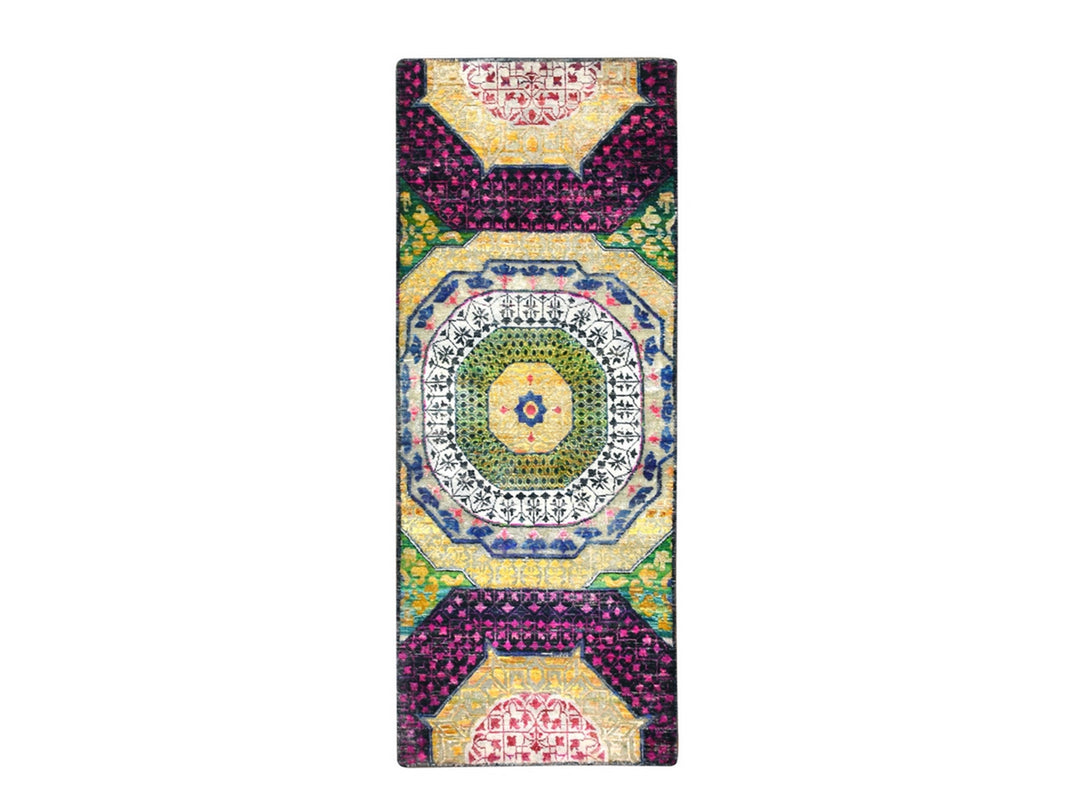 2'6" x 6'5" New Hand Knotted Yellow Wool & Sari Silk Runner Oriental Rug - MOA10275701