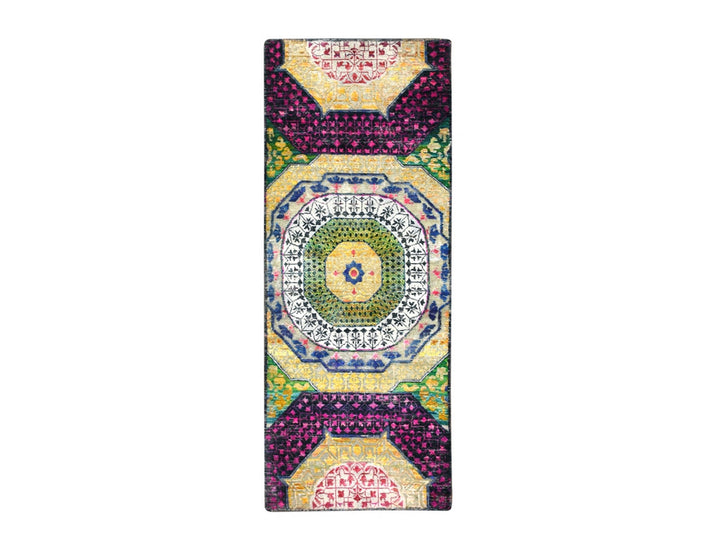 2'6" x 6'5" New Hand Knotted Yellow Wool & Sari Silk Runner Oriental Rug - MOA10275701