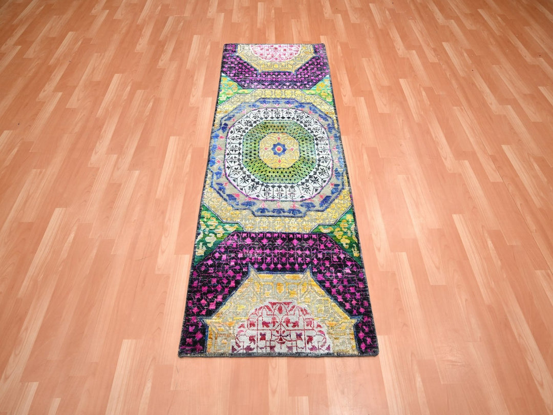 2'6" x 6'5" New Hand Knotted Yellow Wool & Sari Silk Runner Oriental Rug - MOA10275701