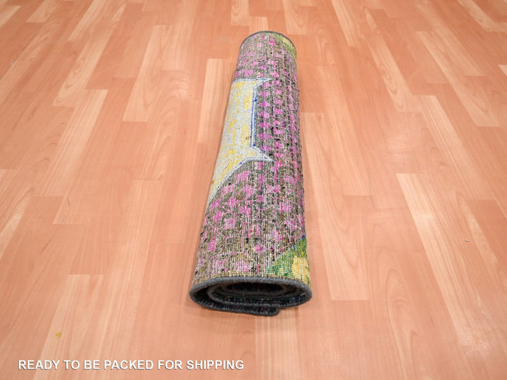 2'6" x 6'5" New Hand Knotted Yellow Wool & Sari Silk Runner Oriental Rug - MOA10275701