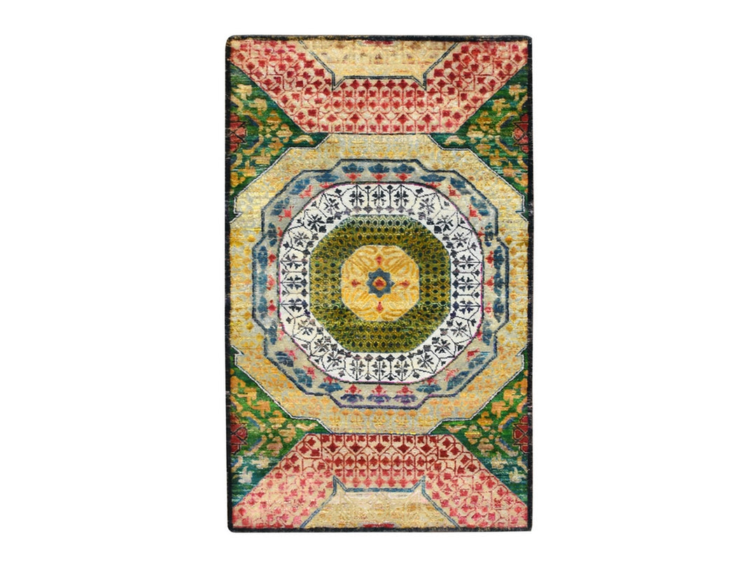 3'2" x 5'2" New Hand Knotted Yellow Wool & Sari Silk Rectangle Oriental Rug - MOA10275702