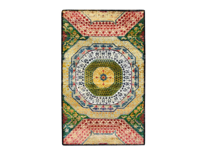 3'2" x 5'2" New Hand Knotted Yellow Wool & Sari Silk Rectangle Oriental Rug - MOA10275702