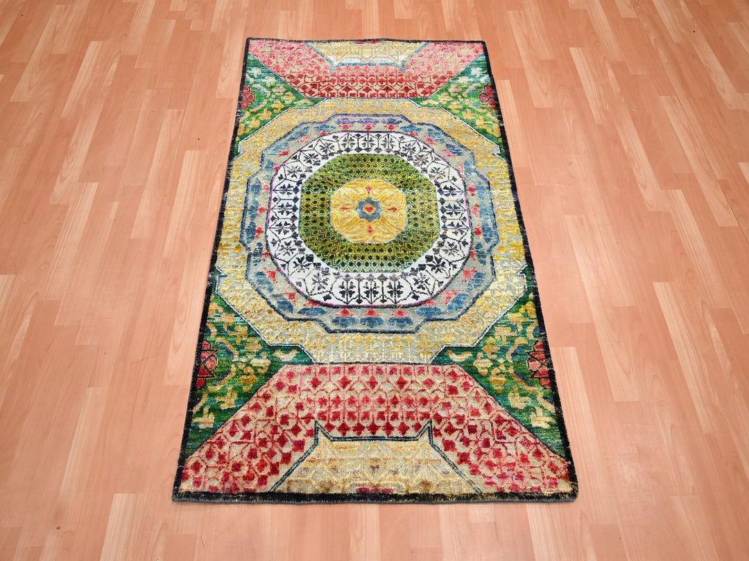 3'2" x 5'2" New Hand Knotted Yellow Wool & Sari Silk Rectangle Oriental Rug - MOA10275702