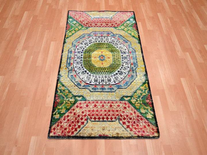 3'2" x 5'2" New Hand Knotted Yellow Wool & Sari Silk Rectangle Oriental Rug - MOA10275702
