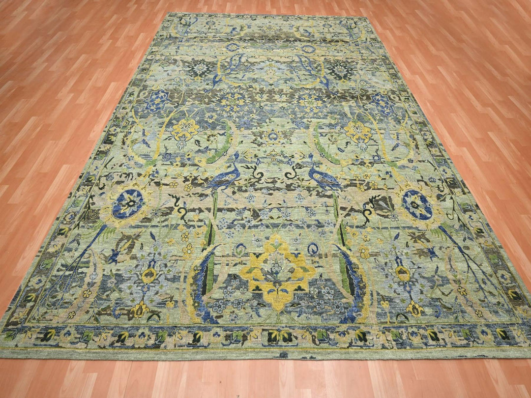 9'0" x 12'3" New Hand Knotted Green Wool Rectangle Oriental Rug - MOA10275713