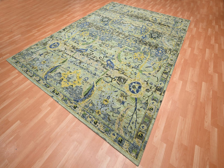 9'0" x 12'3" New Hand Knotted Green Wool Rectangle Oriental Rug - MOA10275713