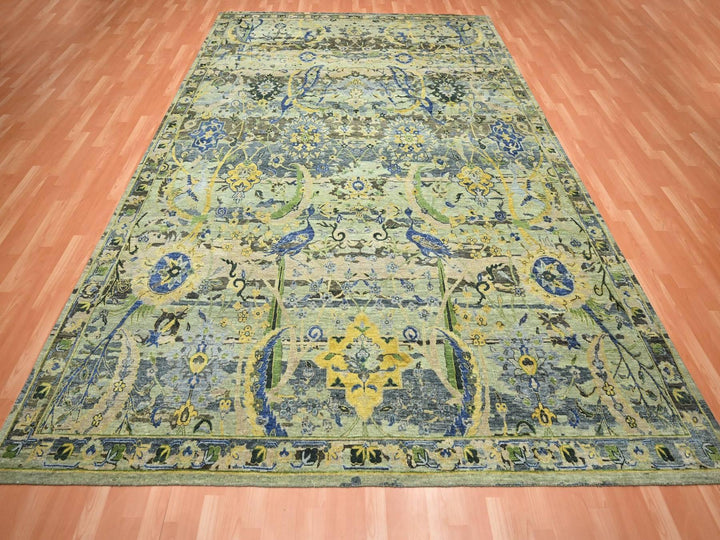 9'0" x 12'1" New Hand Knotted Green Wool Rectangle Oriental Rug - MOA10275714