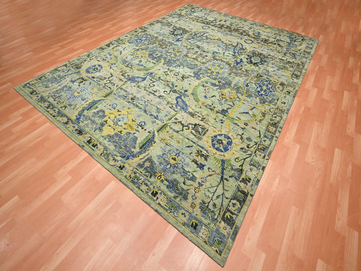 9'0" x 12'1" New Hand Knotted Green Wool Rectangle Oriental Rug - MOA10275714