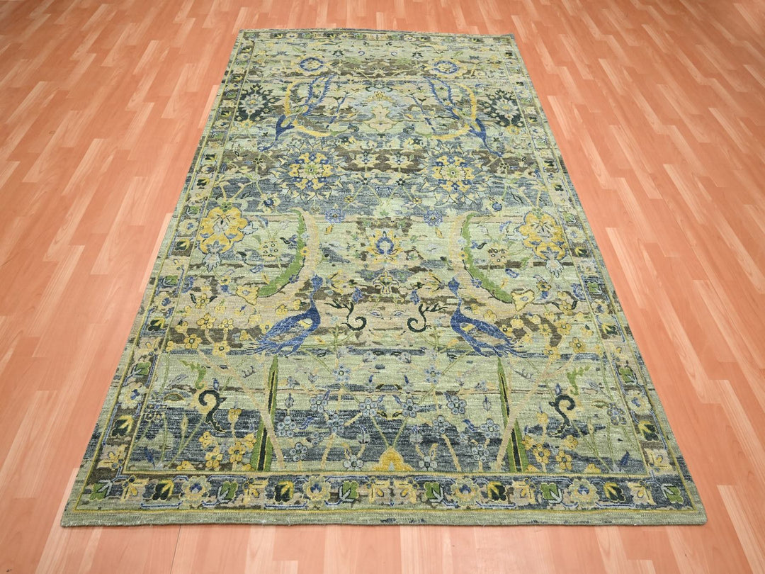6'1" x 9'3" New Hand Knotted Green Wool Rectangle Oriental Rug - MOA10275716