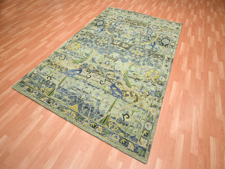 6'1" x 9'3" New Hand Knotted Green Wool Rectangle Oriental Rug - MOA10275716