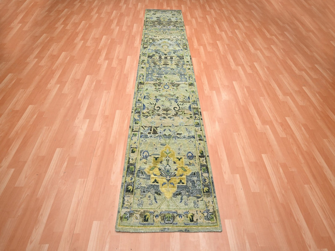 2'7" x 12'3" New Hand Knotted Green Wool Runner Oriental Rug - MOA10275717