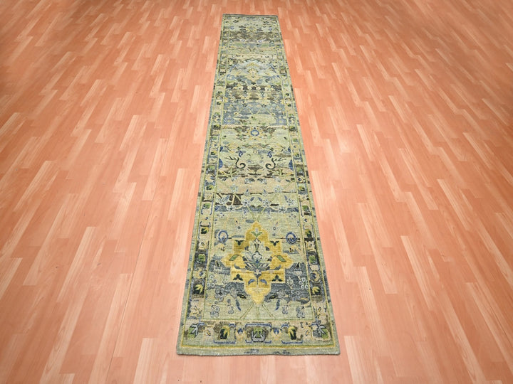 2'7" x 12'3" New Hand Knotted Green Wool Runner Oriental Rug - MOA10275717