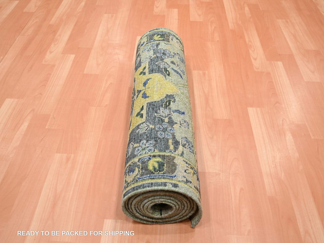 2'7" x 12'3" New Hand Knotted Green Wool Runner Oriental Rug - MOA10275717