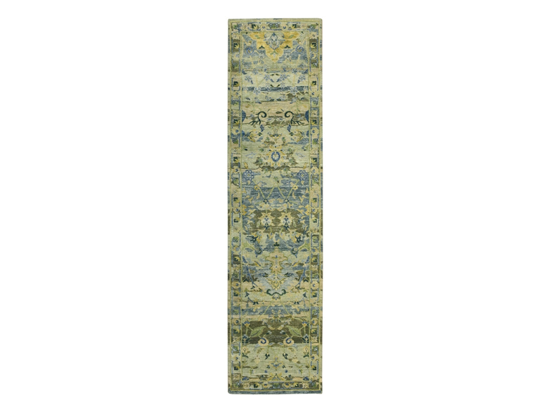 2'7" x 10'6" New Hand Knotted Green Wool Runner Oriental Rug - MOA10275718