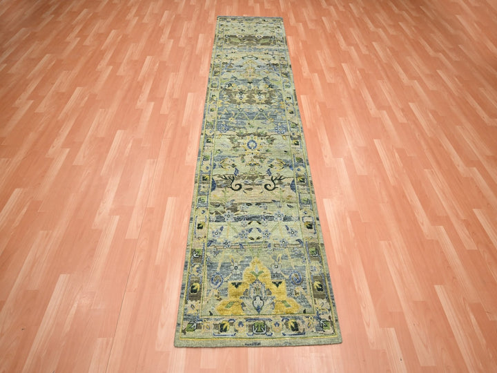 2'7" x 10'6" New Hand Knotted Green Wool Runner Oriental Rug - MOA10275718