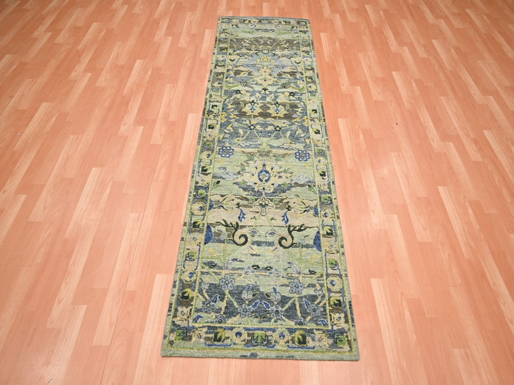 2'7" x 8'4" New Hand Knotted Green Wool Runner Oriental Rug - MOA10275719